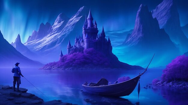 Фантастический остров, замок, голубая и фиолетовая гора.