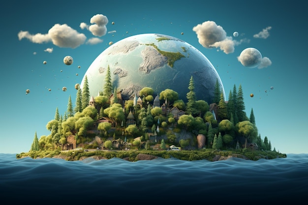 Fantasy island in the ocean 3D illustration