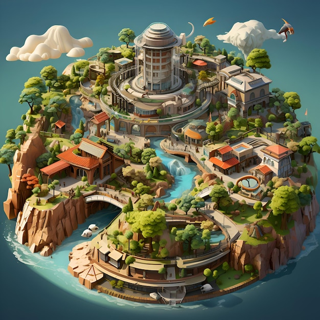 Fantasy island with buildings and trees 3D illustration Elements of this image furnished by NASA