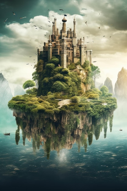 A fantasy island with a castle on it