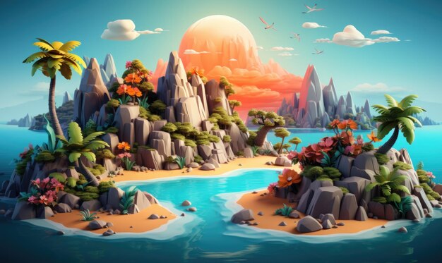 Foto isola di fantasia con montagne illustrazione 3d di isola con bellissimo paesaggio terrestre