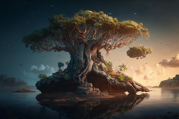 Fantasy island with tree image Ai generated art