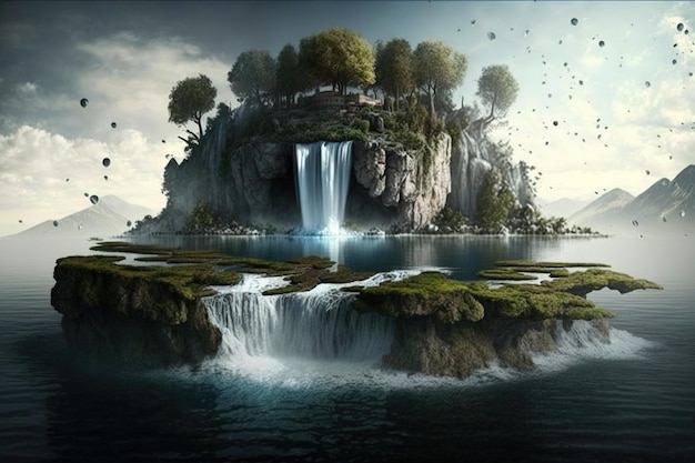 A fantasy island with a waterfall and a house on it.