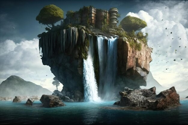 A fantasy island with a waterfall and a waterfall