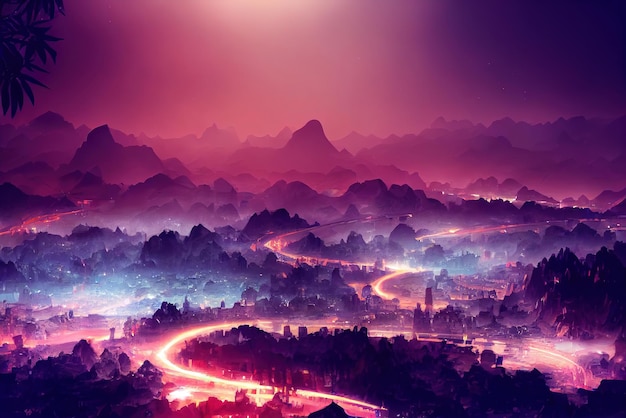 Fantasy japanese night landscape Concept art Digital painting Fantasy illustration