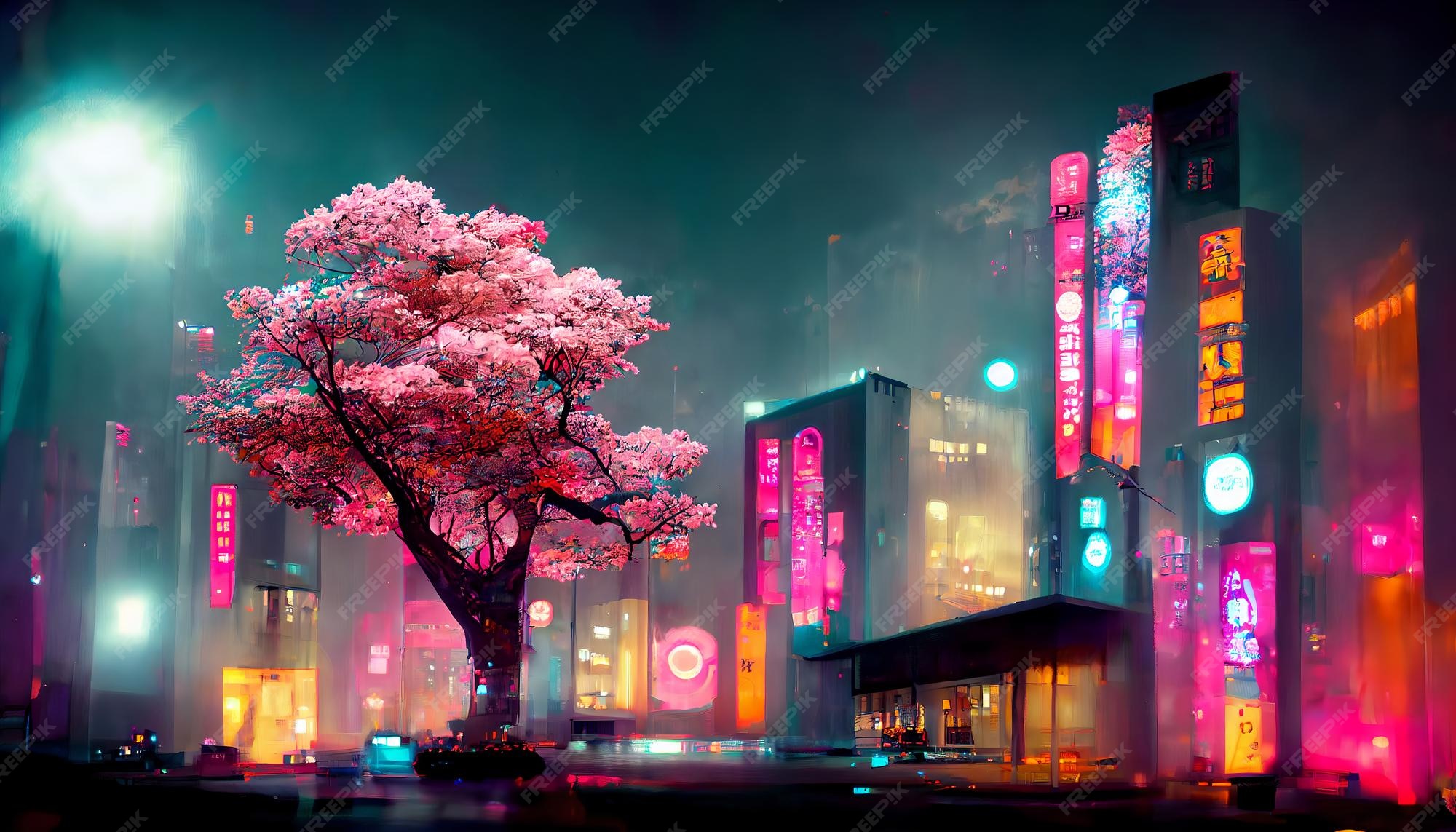 Premium Photo | Fantasy japanese night view city citycape neon pink light  residential buildings big sakura tree night urban anime fantasy background