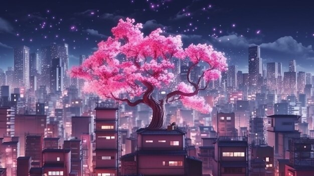 Fantasy Japanese night view city citycape neon pink light residential buildings big sakura tree