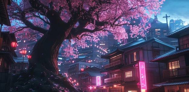 Fantasy Japanese night view city neon pink light residential big sakura tree Generative Ai