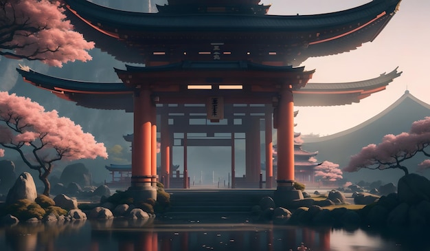 Fantasy japanese temple background Generative AI