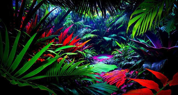 Fantasy jungle behang met bomen en unieke tropische planten