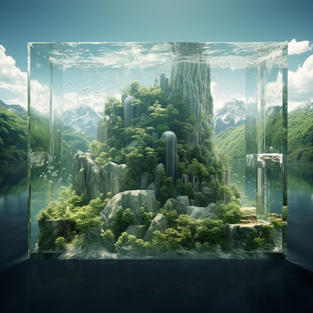 A fantasy jungle island floating with a waterfall cascading off it