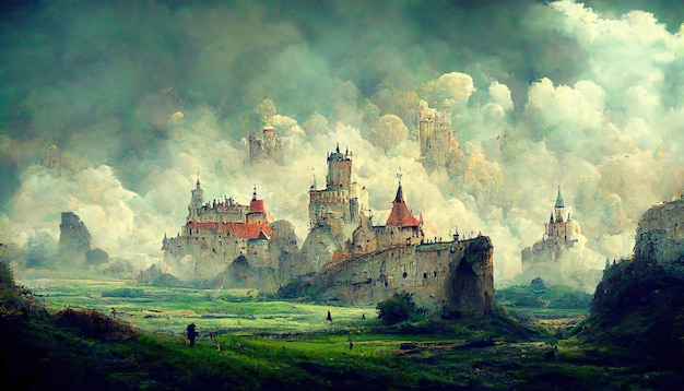 Fantasy kingdom fog concept art illustration