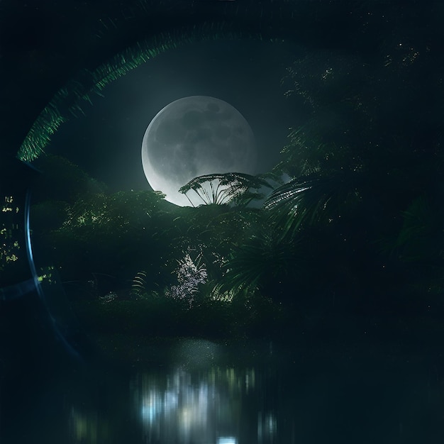 Fantasy lake forest and moon landscape