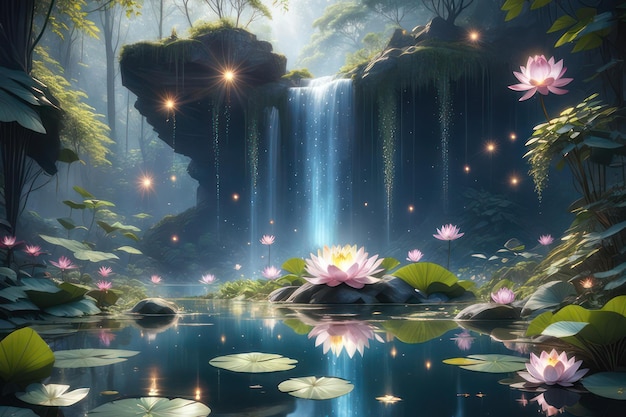 A fantasy lake with water fall and lotus flowers in the forest