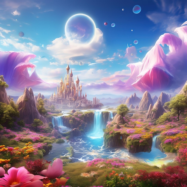 Fantasy land grass and hill Castle with flowers and a tree with a fantastic realistic style