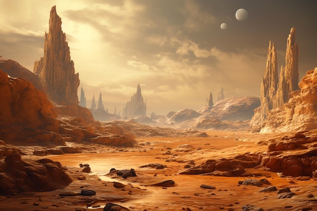 Фантастический пейзаж чужой планеты со скалами, звездами и лунами Генеративный ИИ