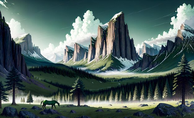 幻想的な風景の背景 イラストのジェネレーティブ AI 絵画 壁画 児童書 おとぎ話 ジェネレーティブ AI