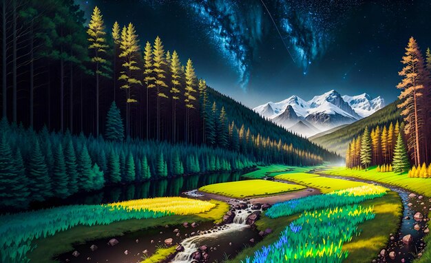 幻想的な風景の背景 イラストのジェネレーティブ AI 絵画 壁画 児童書 おとぎ話 ジェネレーティブ AI