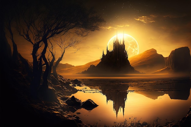 Fantasy Landscape in dark and gold tones sunset