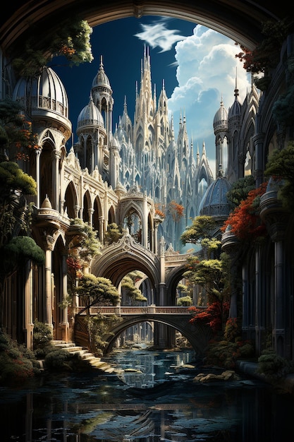 fantasy landscape of the ethereal enchanted palace in the distance