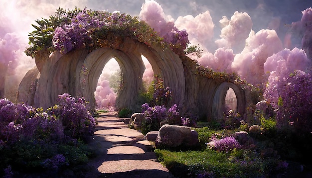 Fantasy landscape of a fairy garden with a stone arch and\
lilacs. 3d rendering. raster illustration.