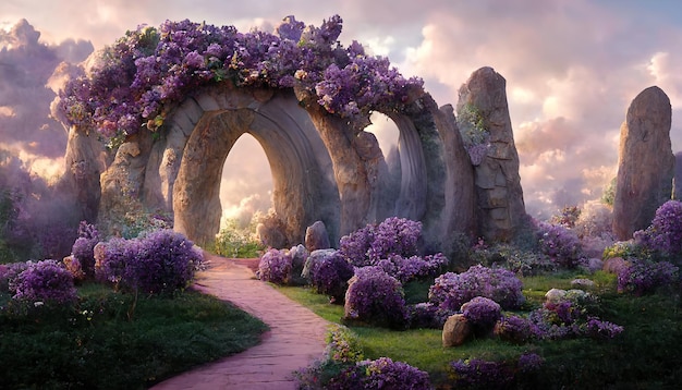 Fantasy landscape of a fairy garden with a stone arch and\
lilacs. 3d rendering. raster illustration.