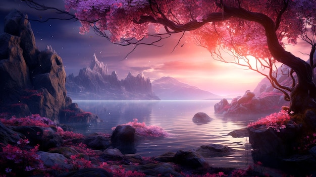 Premium AI Image | fantasy landscape of fantasy moon with trees