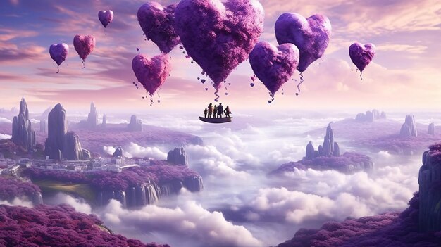 Fantasy landscape and floating violet colored heart