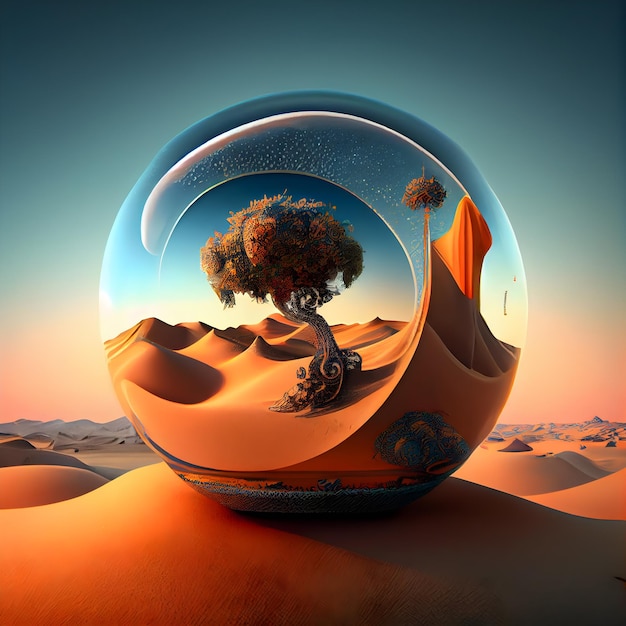 Fantasy landscape in a glass sphere 3D rendering Computer digital drawing