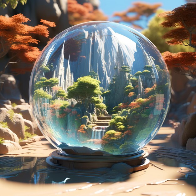 fantasy landscape in a glass sphere 3d rendering unreal engine greg rutkowski loish rhads beepl