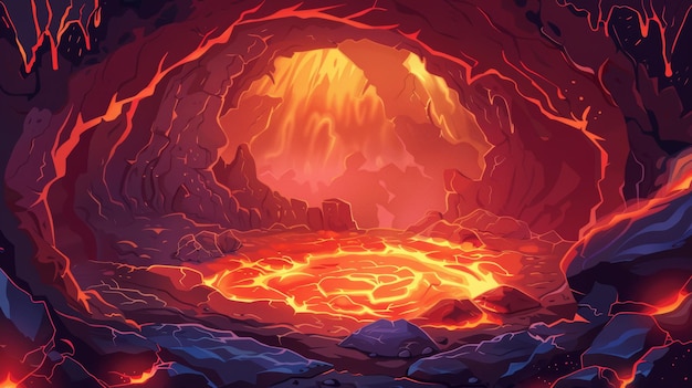 Photo fantasy landscape of inferno with fiery molten magma flows in stone mountain tunnel modern cartoon illustration