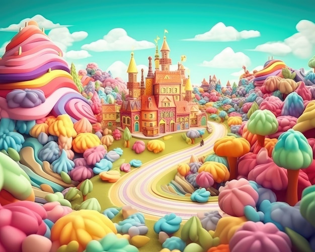 A fantasy landscape made of rainbow candies in 3D illustration Illustration Generative AI