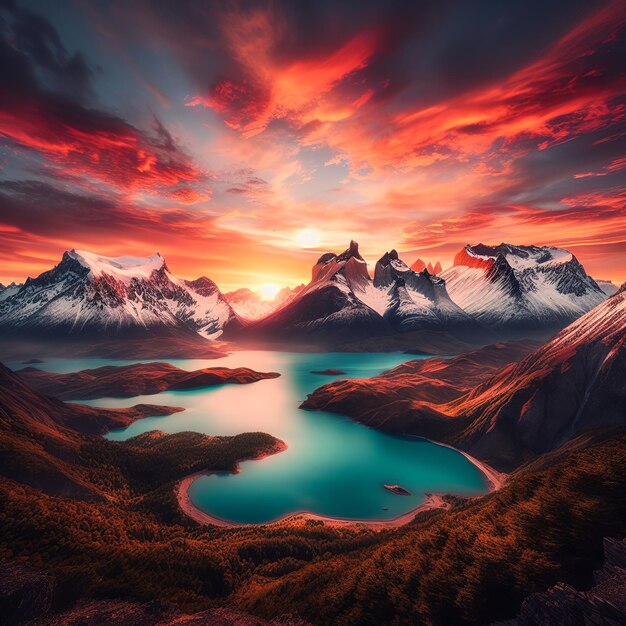 Photo fantasy landscape mountain lake in the mountains at sunset beautiful nature background