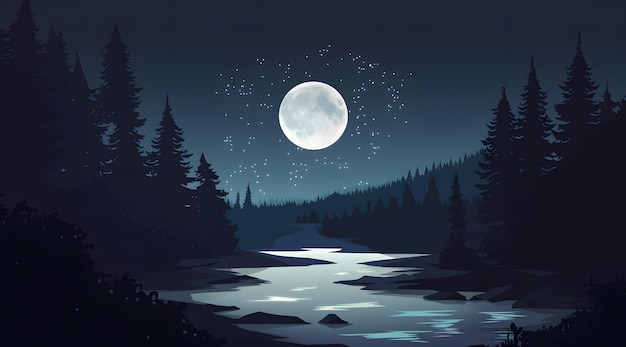 ファンタジー風景 山の川と夜の森 ベクトルイラスト