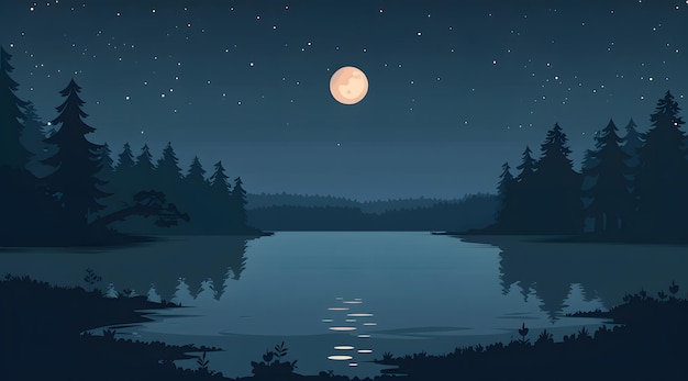 Photo fantasy landscape mountain river and forest at night vector illustration