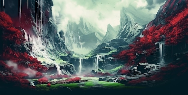 fantasy landscape mountains waterfall clean white background
