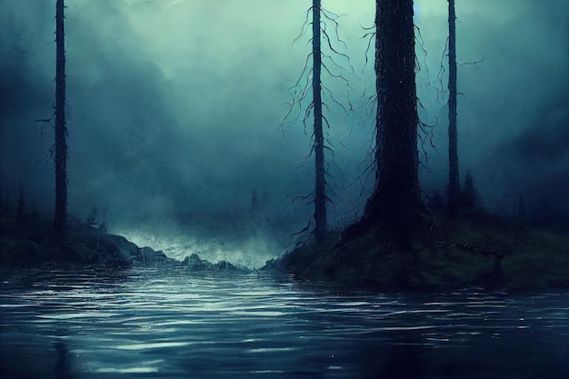 Fantasy landscape of mysterious forest and fog