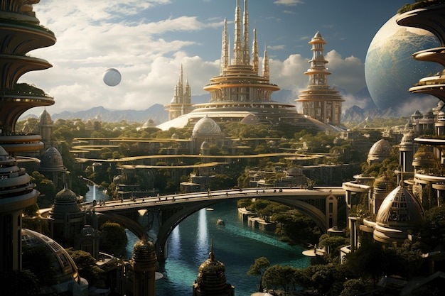 Fantasy Landscape Panorama of the city and river Utopian civilisation utopic city future of humanity architecture of tommorow utopic world AI Generated