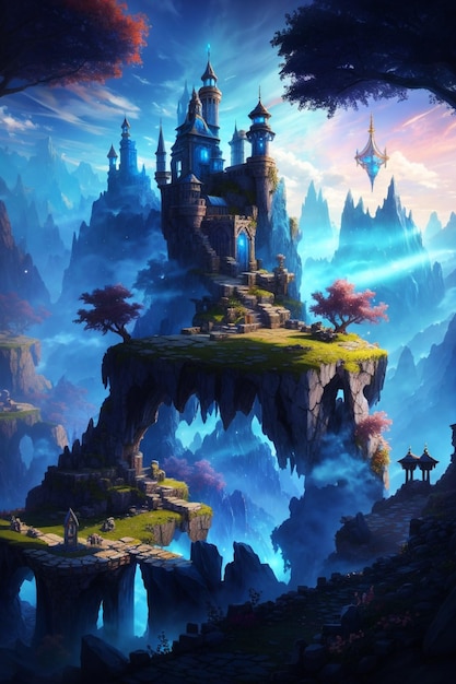 Fantasy landscape and scenery idea Whimsical mountain castle Concept art Artwork and design Matte painting Background drawing and illustration AI Artificial intelligence generated image