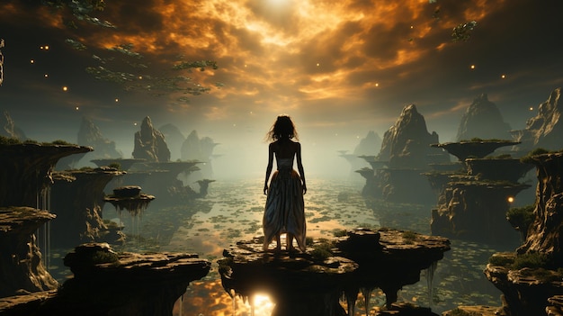 A fantasy landscape shows a woman standing on a floating rock in midair