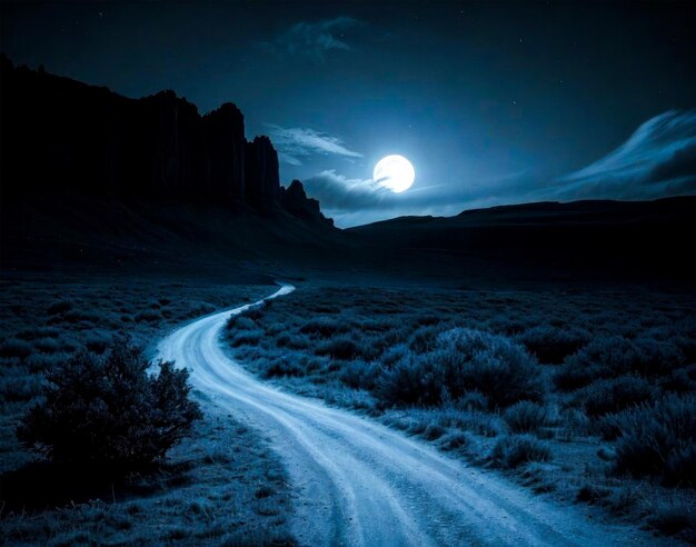 Fantasy landscape of strange rock formations in the desert at night with full moon