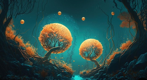 Fantasy landscape with abstract trees