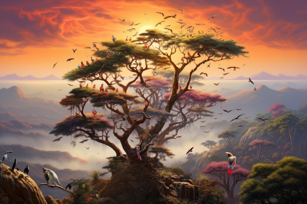 Fantasy landscape with acacia tree and birds 3d render serene African savannah perched on a cliff with a spectacular array of exotic birds perched on branches and foliage AI Generated