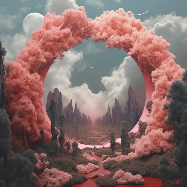 Fantasy landscape with an arch in the middle of the forest