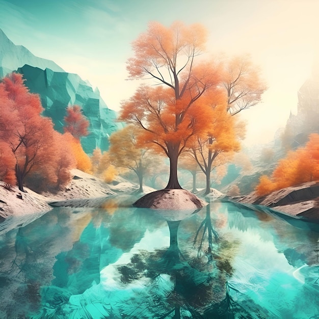 Fantasy landscape with autumn trees and lake 3D illustration