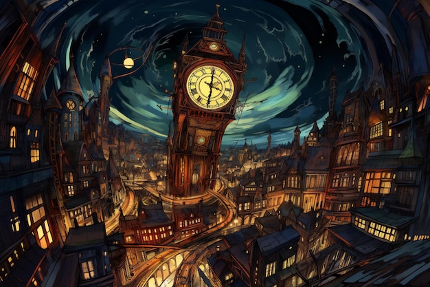 子供のための夜のイラストにロンドンのビッグベンのあるファンタジー風景