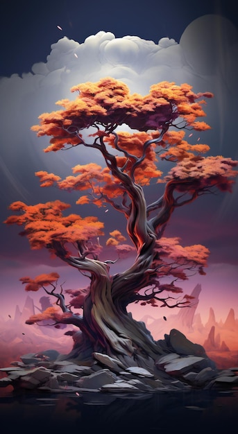 Fantasy landscape with a big tree in the forest