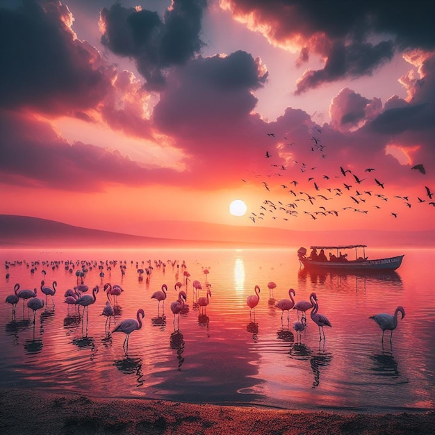 Fantasy landscape with birds on the lake