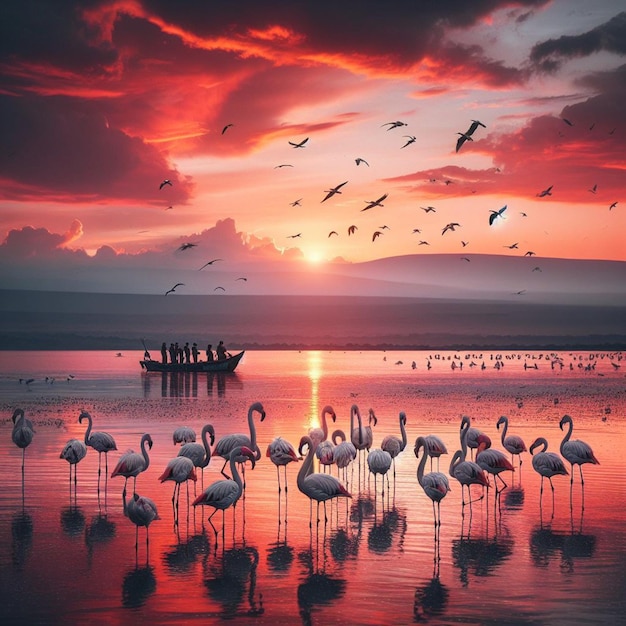 Fantasy landscape with birds on the lake