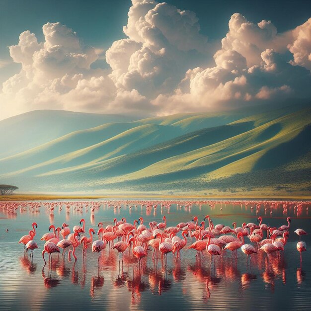 Photo fantasy landscape with birds on the lake